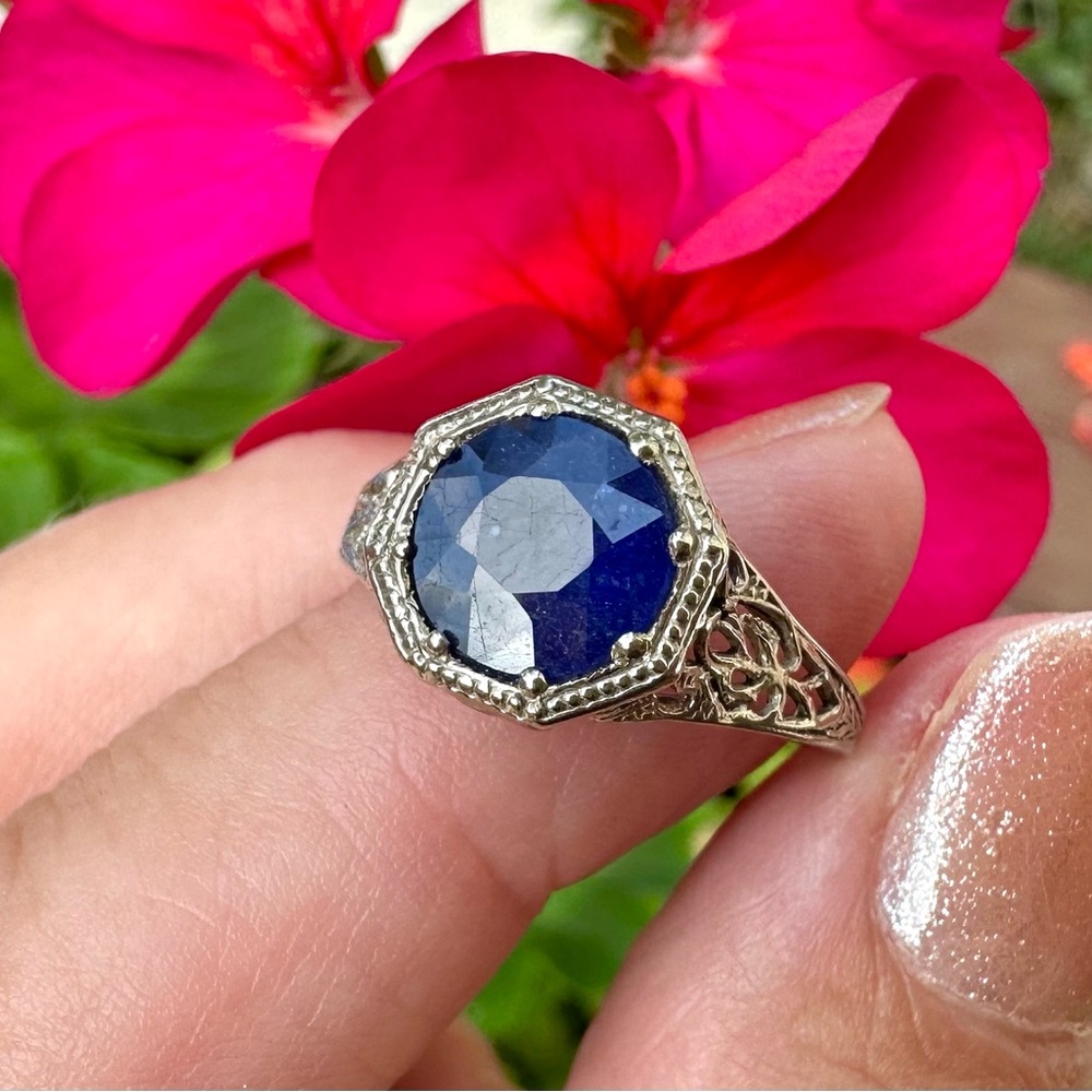 Vintage 3 Carat Sapphire Ring, 14k White Gold Filigree, Sz 6 EUC